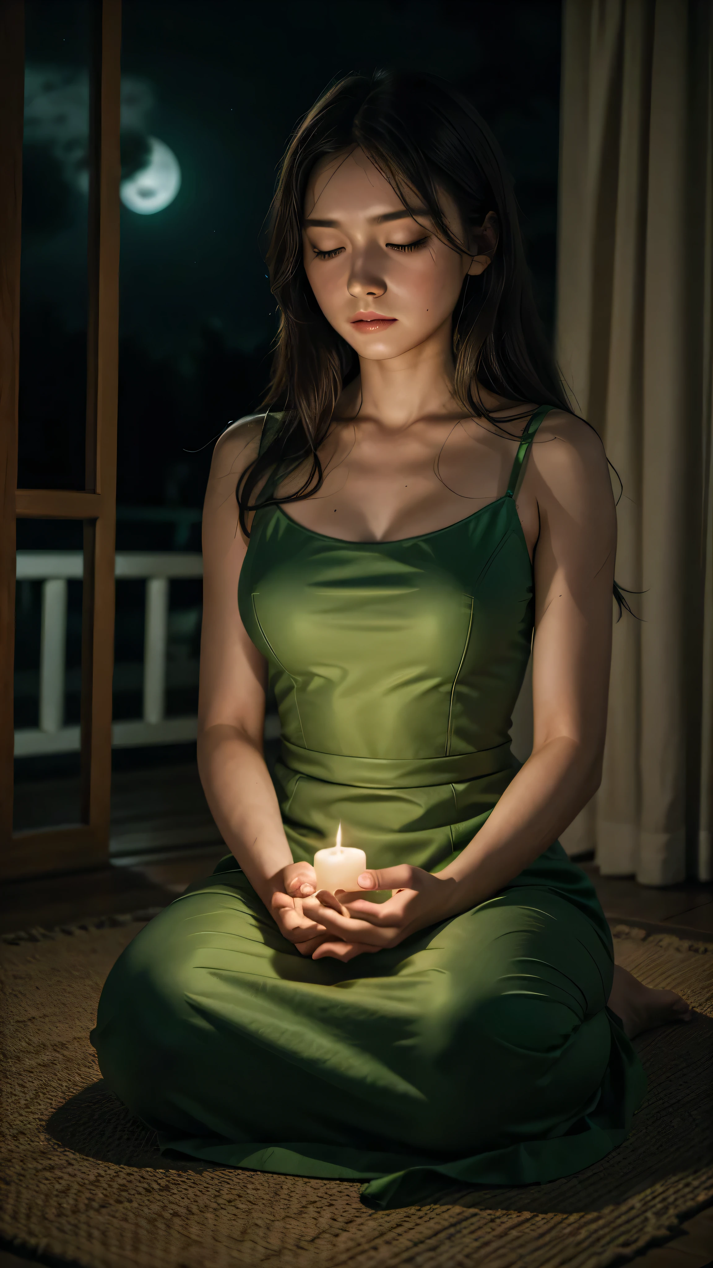 [woman meditating in green dress [concentrating] ] [under the moonlight] and lights in hands]