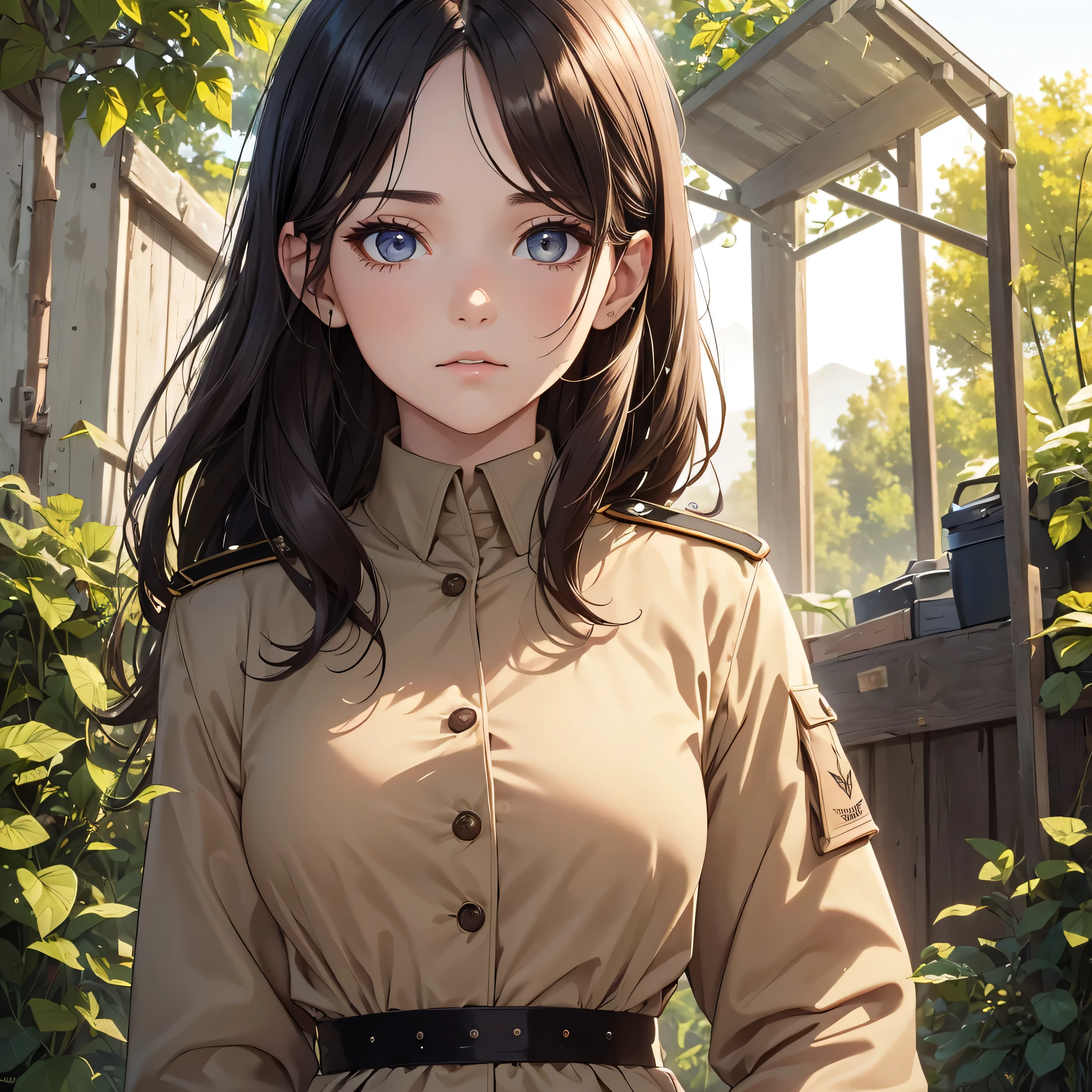 (8K, Best Quality, Masterpiece, Ultra High Resolution) 1Woman, Beautiful Eyes, Face Details, Dark Hair, Tied Hair, Hazel Eyes, Pale Skin, Tan Colored Military Uniform, Tan Jacket, White Fitted Shirt, Outside, Military Camp, Countryside, Best Quality, Upper Body, Looking at the Viewer, Facing Viewer, Close Up
