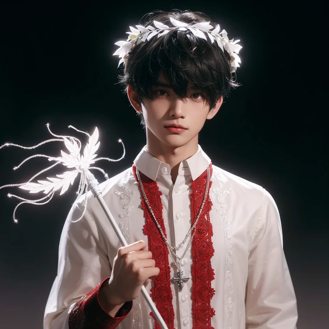 Handsome boy, black hair, brown eyes, glowing white laurel wreath on his head, wearing white and red barong tagalog, silver cross necklace, holding a white glowing wand