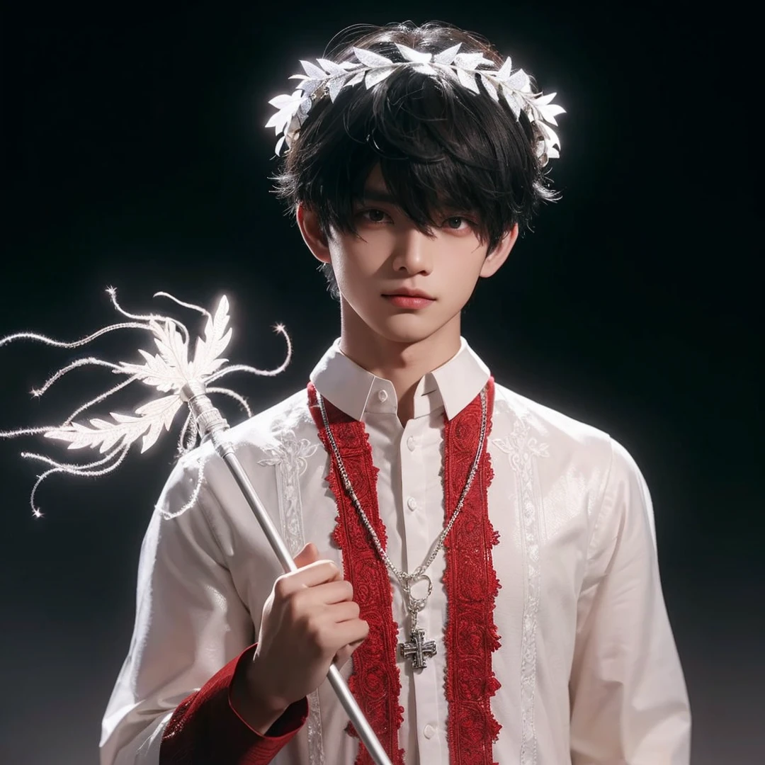 Handsome boy, black hair, brown eyes, glowing white laurel wreath on his head, wearing white and red barong tagalog, silver cross necklace, holding a white glowing wand