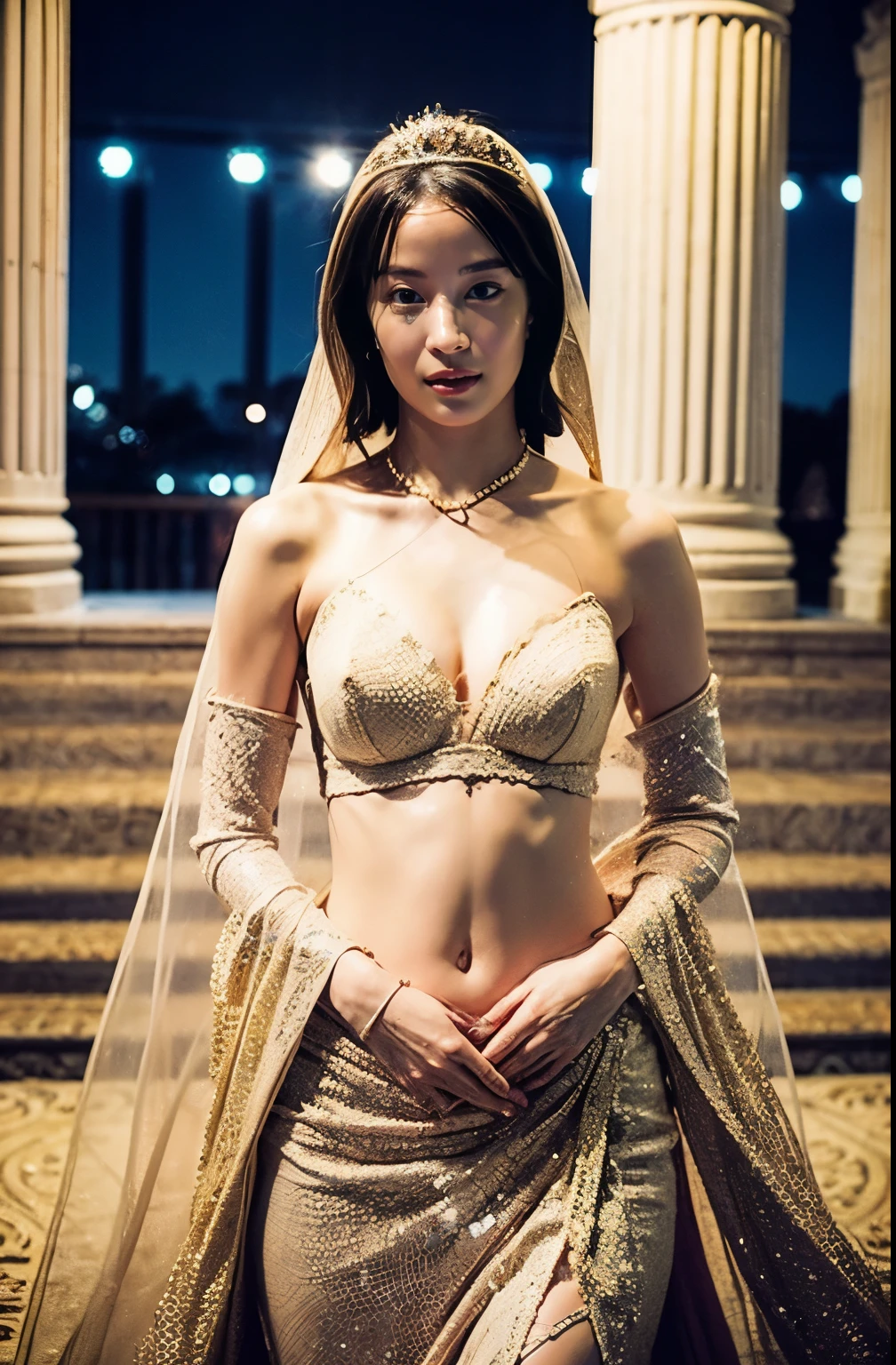 naked,Like the whole body," shape, Bride's outfit without shoulder straps,Small gold tiara,huge ,sloppy and droopy breasts, Her heavy breasts are almost completely exposed ,Fully visible bust,Sheer princess skirt,Arabian Palace Wedding,There is a large crowd of people gathered behind her., Perfect body, (Highest quality, 4K, 8K, High resolution, Tabletop:1.2), Super detailed, (Realistic, Realistic, Photorealistic:1.37), Royal, Enchanting, (Vibrant colors, Sharp Chest:1.1), Soft lighting", Transparent Dress. (((No underwear))), (((A small gold see-through waist cloth covers the pussy))), Deep cleavage. naked thighs. (((naked.))), (((Gold Micro Bra))), (((Arabian Princess Wedding.)))