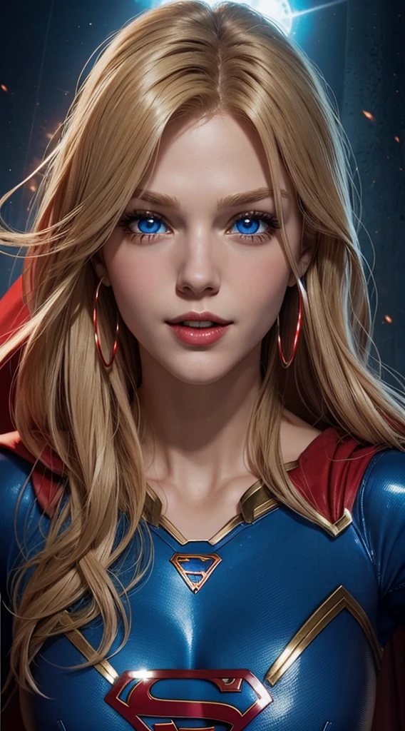 The character Supergirl, perfect blue and red costume with the traditional "S" in the chest, red cape, shiny little blue eyes, extremely beautiful blond hair, beautiful smile , perfect anatomy and extremely beautiful face, hyperrealistic face 