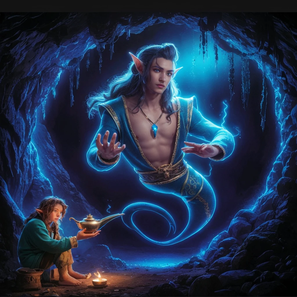 A fascinating 3D illustration of a seductive and charming magical elf genie emerging from an ancient oil lamp, held by an old worn hobbit. The genie elf, dressed in a stunning bright blue robe, sports a cascade of hair and a captivating, knowing expression. Her bright blue skin and radiant eyes exude an otherworldly energy. The cave where the old hobbit resides is illuminated by enchanting blue neon lights, creating an atmosphere of wonder and limitless imagination. The architectural details of the cave transport the viewer to a realm of modern mystique and vibrant fantasy., fashion, vibrant