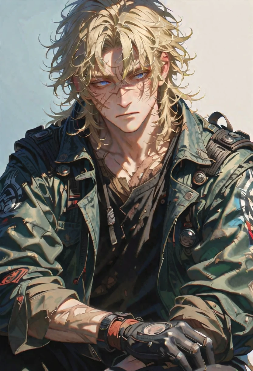 style 9, a man with messy blonde hair, a large scar on the left side of his face, tired blue eyes, wearing old apocalyptic clothes, gloves,