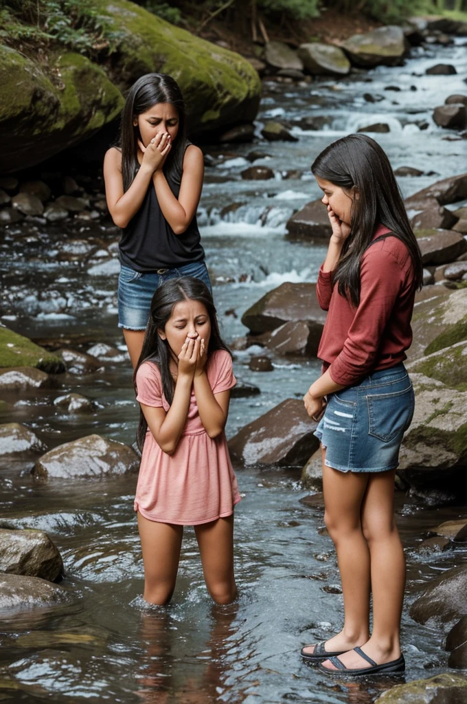 Girl standing crying because her foot got stuck in the middle of some rocks next to a stream and her friend is next to her worried too