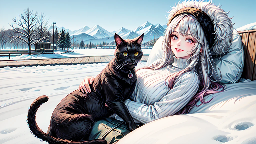 In the midst of snow right,((a fluffy large black cat)), and a girl wearing ((a long coat made of full silver fox fur )), cuddle together for warmth The girl's long pink hair can be seen peeking out from under her fluffy fur hat. The sleeves, collar, and hem of the coat reveal glimpses of a turtleneck mohair sweaterdress.(( The girl smiles brightly)),
