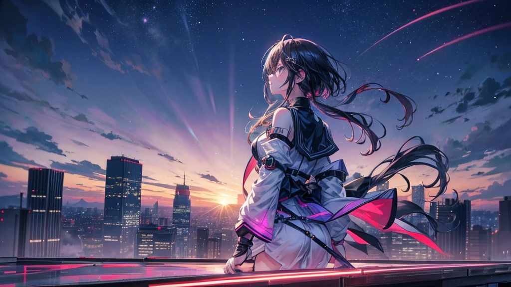 An anime character standing alone on a rooftop, overlooking a city bathed in neon lights. The character gazes out at the cityscape with a determined and hopeful expression, ready to chase their dreams. The city below is vibrant and alive, with streets filled with a symphony of lights and colors, creating a sense of endless mystery. The sky above is dark, speckled with stars, symbolizing the eternal sky where dreams are born. As dawn begins to break, the first rays of light touch the horizon, hinting at a new day and new possibilities. The scene captures a moment of introspection and anticipation, with dynamic lighting highlighting the character's resolve to rise above the challenges and embrace the future.