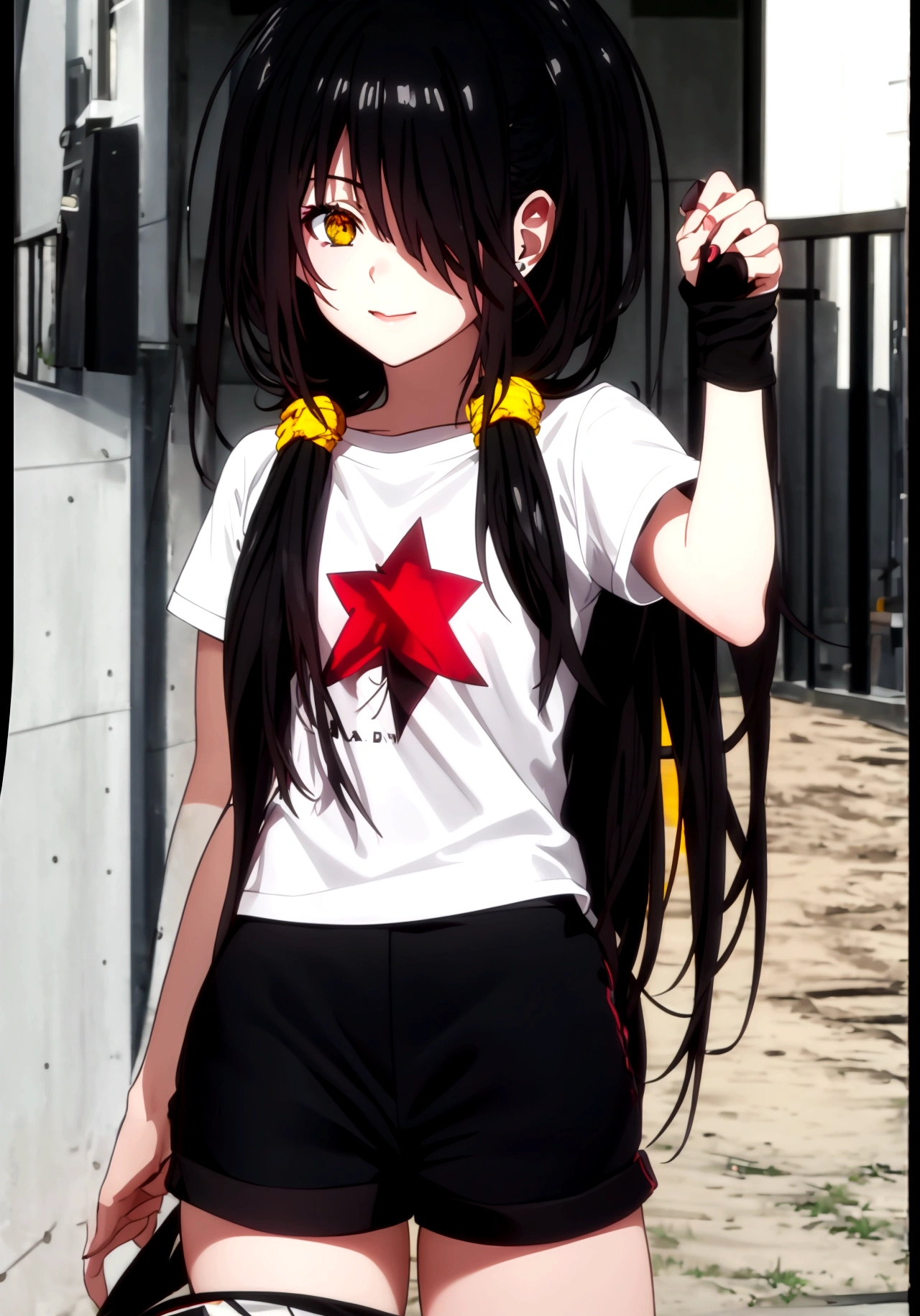 ultra-detailed,highly detailed,best quality,masterpiece,illustration, 
1girl, ((tokisaki kurumi)), cosplay, hair over one eye, ((right red eye, left yellow eye)), looking at viewer, happy girl, low twintails, ((t-shirts)), (((black hotpants))), hair rings, loafers,
(Outdoors) , walking, beach
