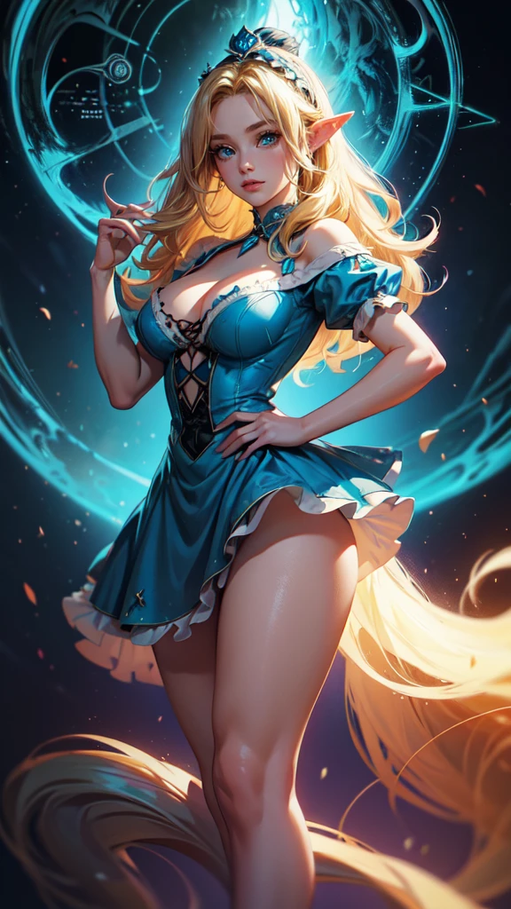 a beautiful 20 year old blonde woman with big messy hair in a blue dress, white stockings, black headband, , holding a glowing mushroom, fantasy art style, rossdraws cartoon vibrant, alice x. zhang, alice in wonderland cyberpunk, cute detailed digital art, colorfull digital fantasy art, digital fantasy art ), glossy digital painting, rossdraws pastel vibrant, rossdraws 2. 5, rossdraws 1. 0,tailed face, detailed eyes, detailed hands,elf woman, detailed HANDS
