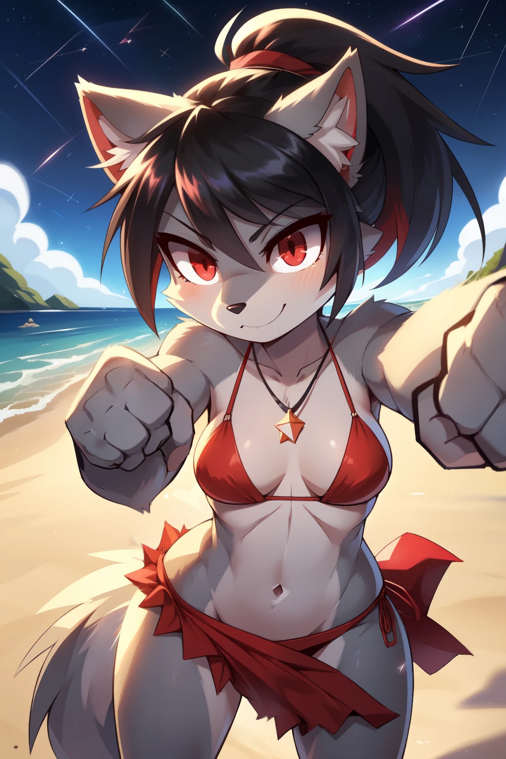 score_9,score_8_up,score_7_up, source_cartoon, source_furry, furry girl, wolf, black hair, punk hairstyle, huge long spiky ponytail, anime style, small breasts, red eyes, ((deep red bikini ruffled triangle, high cut bottom, star necklace, beach sarong with shooting stars on hips)), high quality, detailed body, detailed eyes, detailed face, masterpiece, glistening body, detailed body fur, best quality, two tone body, gray fur, clear gray fur, perfect lighting, perfect shadows, perfect eyes, perfect hair, perfect face, gorgeous body, skinny, solo, :3, smilling, standing, beach, clear sky, glowing red eyes, outdoors, from above, fight, dynamic action shot, speed lines, motion blur, fighter pose, ((punch act, fist, punch focus)), detailed fist, detailed punch,