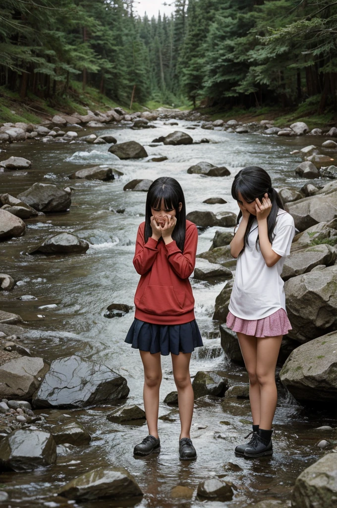 Anime Girl standing crying because her foot got stuck in the middle of some rocks next to a stream and her friend is next to her worried too 
