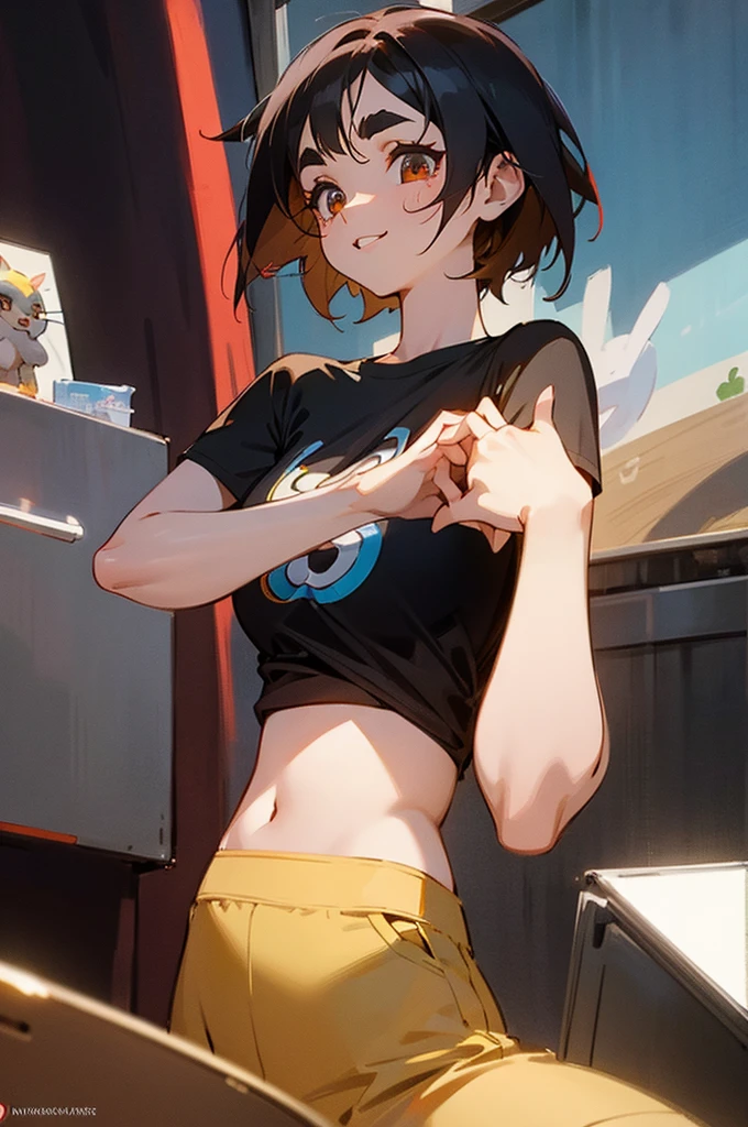 anime style,artistic, masterpiece,best quality,ssuper detailed,super fine illustration, highly detailed, dynamic angle, beautiful detailed, 8k,detailed background, On a summer afternoon, in a recording music studio, BREAK a female musician is singing in front of the viewer. She is wearing a white T-shirt with a graffiti art-style cat illustration.Break very short hair,flat chest,black  hair,red-eyes,(full-face brasched:1.3),perfect hands,perfect fingers,Tsurime,(thick eyebrows:1.3),Break holding microphone,Break headphones,(Cat T Shirts LoRA:1.2),pov,from front,smile,seeing  viewer