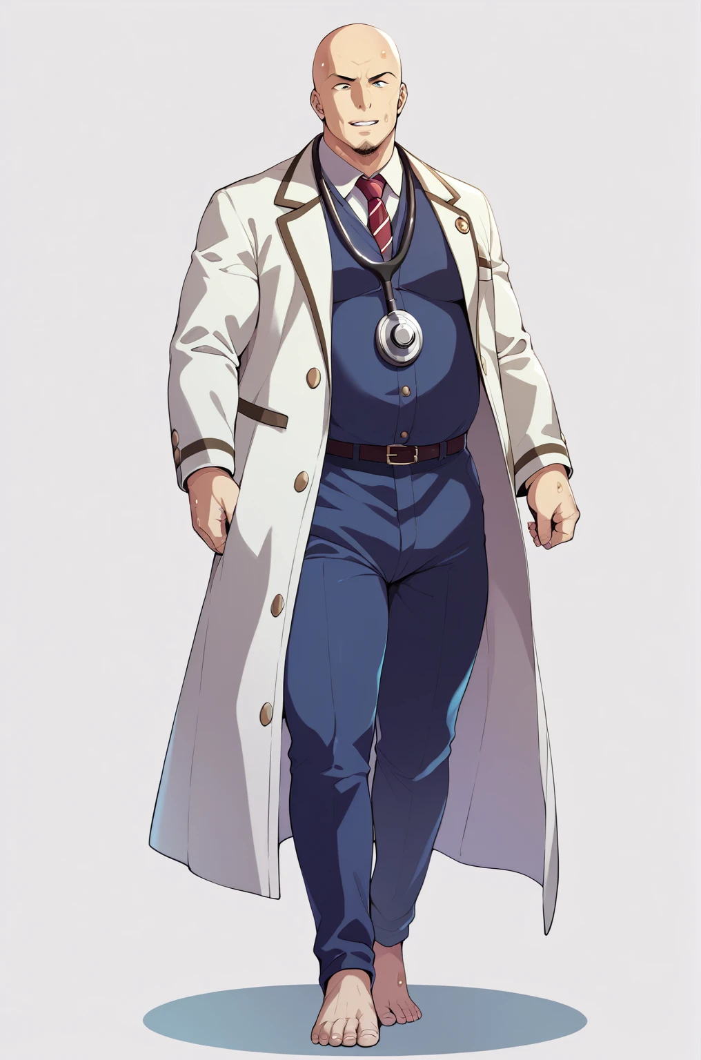 side angle、Man in white coat、Ultra-detailed illustrations、Ultra-precise expression、masterpiece、Highest quality、ultra High resolution、High resolution、Hiromitsu Takeda Style、White background、Simple Background、Bald man、whole body、Vulgar expression、Bad face、Sweat、pubic hair、Big penis、barefoot、Stethoscope、