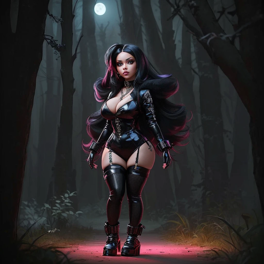 Nicki Minaj is wearing a goth outfit, sci fi, sexy,cleavage, standing in a forest at night