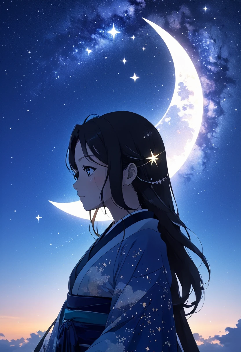  mate piece, silhouette, Milky Way, A silhouette art in which Orihime sheds tears from the loneliness of being able to meet Hikoboshi only once a year, A composition that makes you look up at the sky, double exposure, Milky Way, Portrait facing left. Orihime wears a kimono with very beautiful and detailed embroidery. The background is the beautiful Milky Way. The stars are shining. Crescent Moon. Tanabata decorations on the left and right. At an angle that looks like it was taken from diagonally below. A masterpiece. Anime style. 32K, from below, low angle shot, masterpiece,