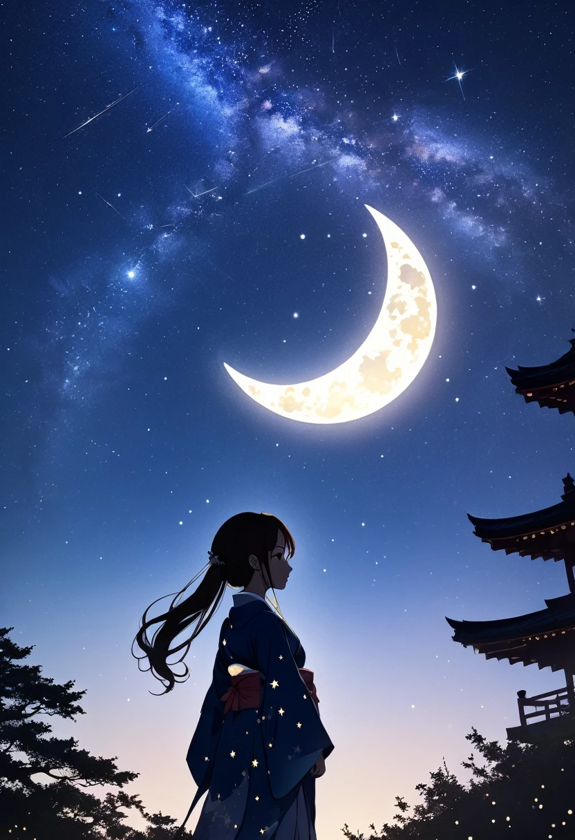  mate piece, silhouette, Milky Way, A silhouette art in which Orihime sheds tears from the loneliness of being able to meet Hikoboshi only once a year, A composition that makes you look up at the sky, double exposure, Milky Way, Portrait facing left. Orihime wears a kimono with very beautiful and detailed embroidery. The background is the beautiful Milky Way. The stars are shining. Crescent Moon. Tanabata decorations on the left and right. At an angle that looks like it was taken from diagonally below. A masterpiece. Anime style. 32K, from below, low angle shot, masterpiece,