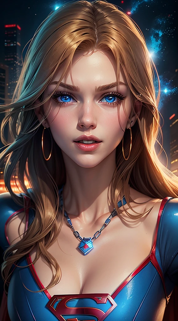 The character Supergirl, perfect blue and red costume with the traditional "S" in the chest, red cape, shiny little blue eyes, extremely beautiful blond hair, beautiful smile , perfect anatomy and extremely beautiful face, hyperrealistic face
