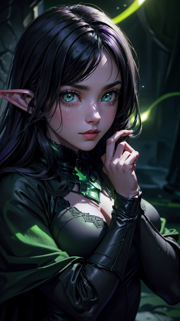 ((Close-up portrait of a girl with green eyes)), with glowing purple eye light, Violet luminous rays, dark fantasy portrait, Portrait in profile, (Cheeky face). Dark Fantasy, realistic 4k digital art, realistic 4k digital art, dark fantasy portrait, Dark Fantasy Digital Art, (Dark), But detailed digital art, sexy girl with green eyes, ((Gloomy color scheme:1,5)), 4k detailed digital art, Green glowing eyes, (NSFW), (A very dark room, little light, Low visibility)). (Strong shadow:1,6). twilight.detailed eyes, detailed hands,elf woman, detailed HANDS