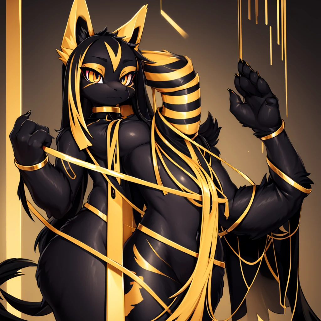 Anubis, shiny black and gold fur, long black and golden hair, stripped skin, blemished skin, Very good figure, bright tone, warm color, colorfully, work of art, super detaill, high qualiy, best qualityer, high resolution, tribal, beautiful and bright eyes, alone