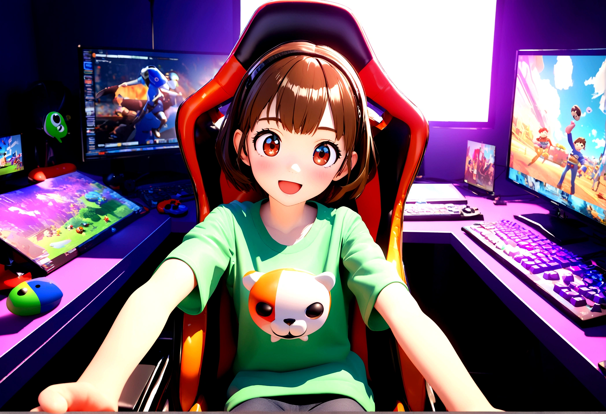 3d poster inspired by pixar man 18 years old brunette short hair, facing a camera sitting on a gaming chair