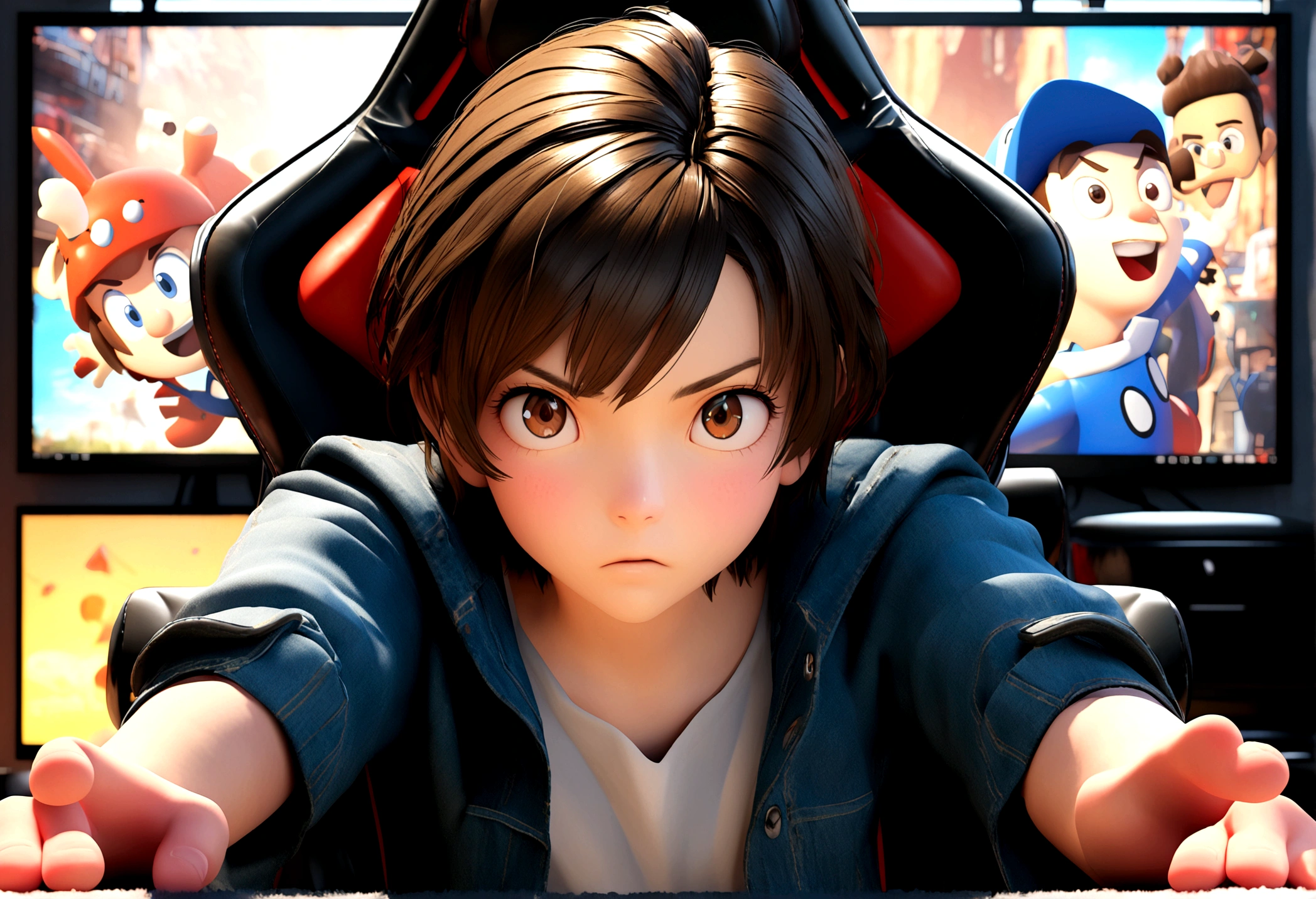 3d poster inspired by pixar man 18 years old brunette short hair, facing a camera sitting on a gaming chair
