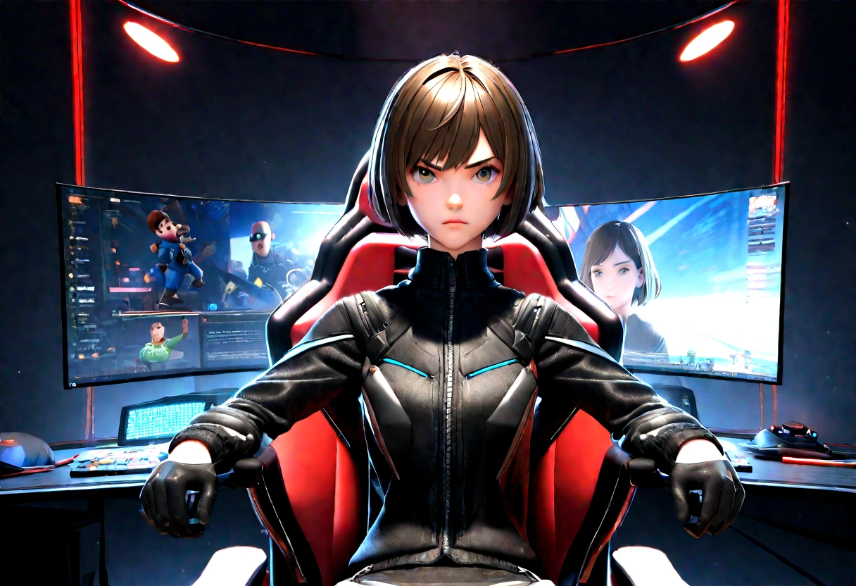 3d poster inspired by pixar man 18 years old brunette short hair, facing a camera sitting on a gaming chair