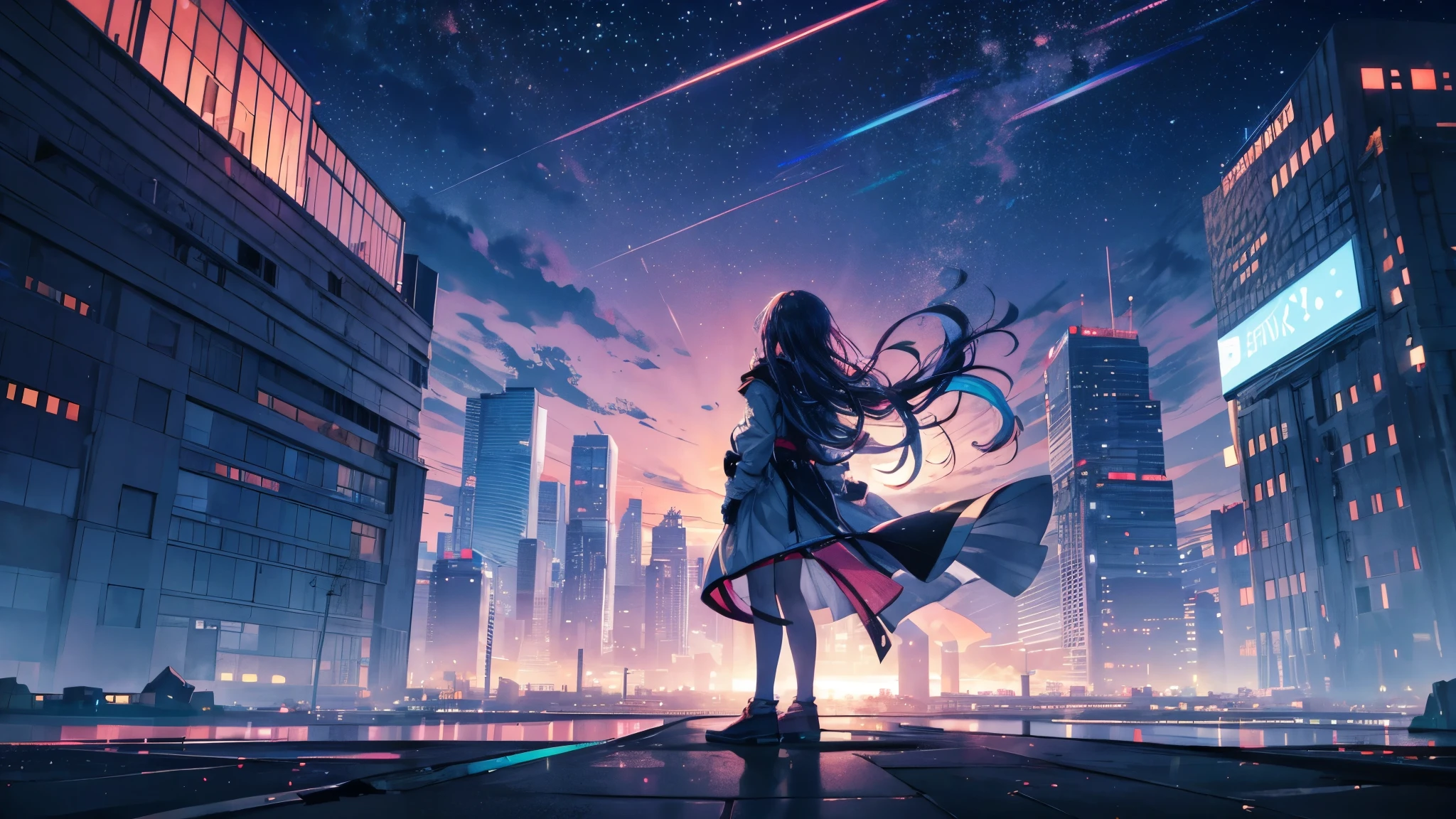 An anime character standing alone on a rooftop, overlooking a city bathed in neon lights. The character gazes out at the cityscape with a determined and hopeful expression, ready to chase their dreams. The city below is vibrant and alive, with streets filled with a symphony of lights and colors, creating a sense of endless mystery. The sky above is dark, speckled with stars, symbolizing the eternal sky where dreams are born. As dawn begins to break, the first rays of light touch the horizon, hinting at a new day and new possibilities. The scene captures a moment of introspection and anticipation, with dynamic lighting highlighting the character's resolve to rise above the challenges and embrace the future.