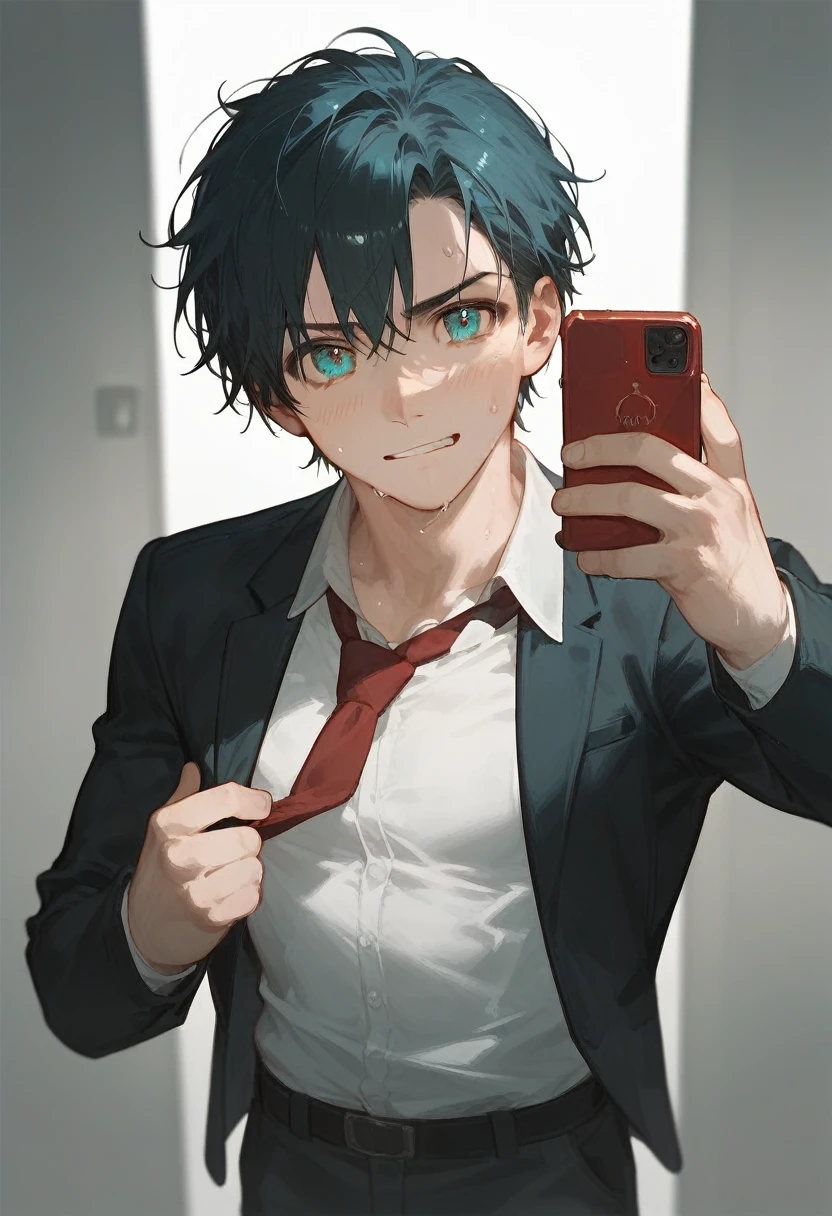 (masterpiece, High resolution, Super detailed:1.0), (1 male, Adult male, Soft and handsome face), Very high, the right amount of muscle, Exquisite eyes and exquisite face, Extremely detailed CG, unified 8k wallpaper, intricate details, Detailed face, (Aqua blue eyes, black hair, long hair, messy hair, half open white shirt, Black suit pants, Mouth biting the red tie tied around the neck, Taking a selfie with a mobile phone in one hand), (Slightly red cheeks, sweat, frown, Evil smile:1.3), Against the light black wall, relaxed and casual attitude