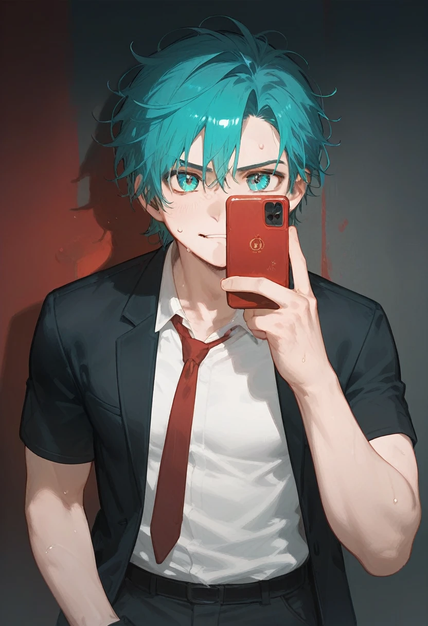 (masterpiece, High resolution, Super detailed:1.0), (1 male, Adult male, Soft and handsome face), Very high, the right amount of muscle, Exquisite eyes and exquisite face, Extremely detailed CG, unified 8k wallpaper, intricate details, Detailed face, (Aqua blue eyes, black hair, long hair, messy hair, half open white shirt, Black suit pants, Mouth biting the red tie tied around the neck, Taking a selfie with a mobile phone in one hand), (Slightly red cheeks, sweat, frown, Evil smile:1.3), Against the light black wall, relaxed and casual attitude