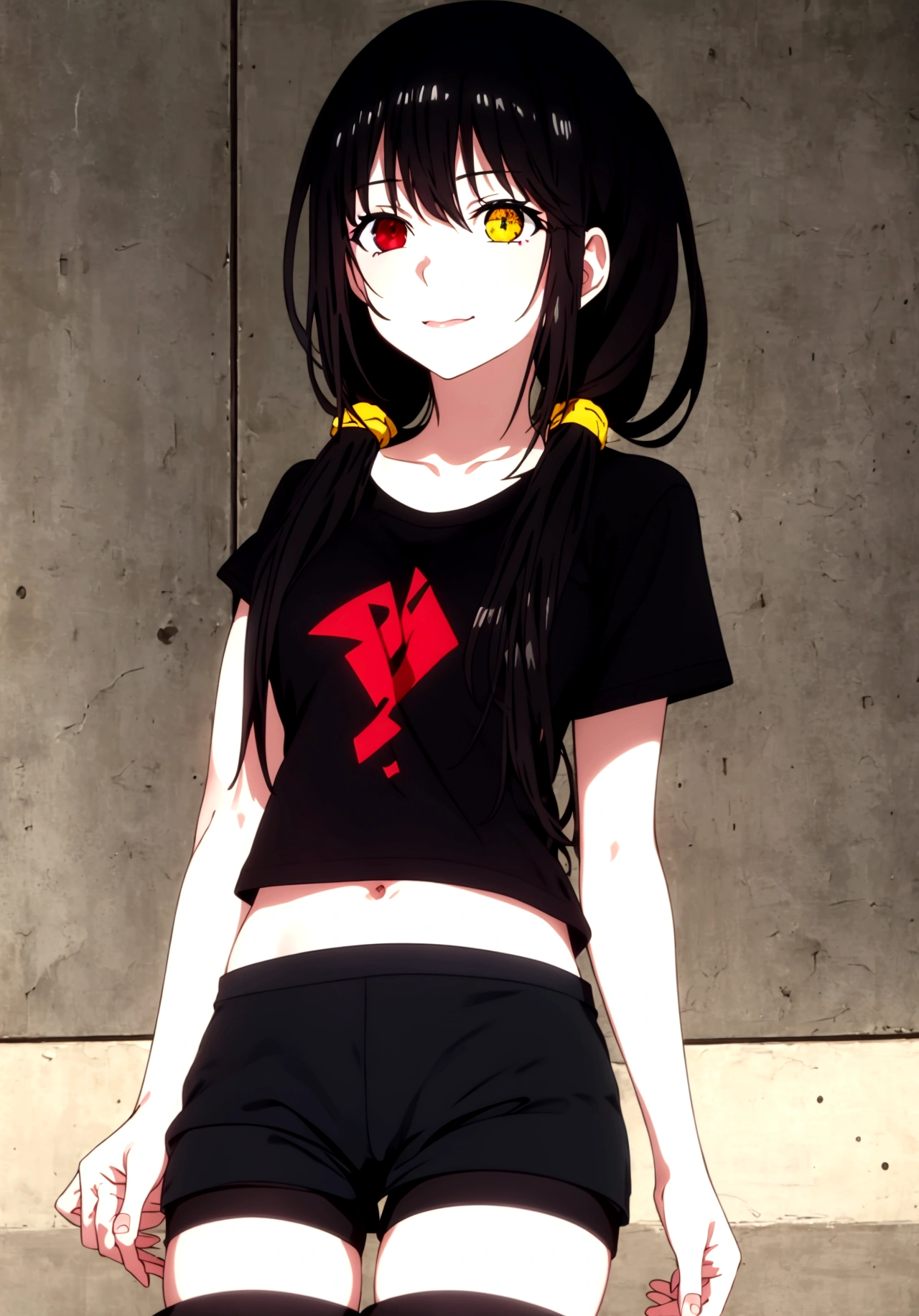 ultra-detailed,highly detailed,best quality,masterpiece,illustration, 
1girl, ((tokisaki kurumi)), cosplay, hair over one eye, ((right red eye, left yellow eye)), looking at viewer, happy girl, low twintails, ((t-shirts)), (((black hotpants))), hair rings, loafers,
(Outdoors) , walking, beach
