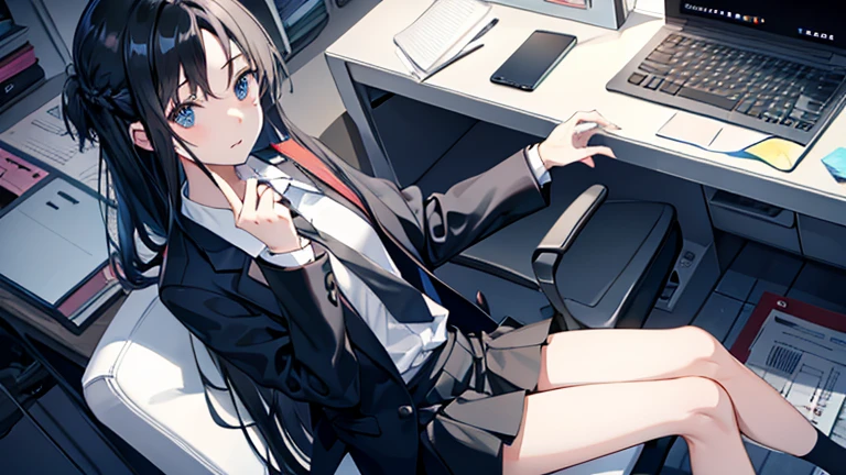 Shoulder-length hair Black Hair cover your mouth with your hand surprised face mini skirt Inside the room I see a laptop Wearing a tie Formal wear
