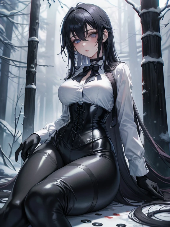 ((blood droplets)), ((blood)), ((blood splatter)), ((blood on clothes)), ((blood stain)), Masterpiece, Beautiful art, professional artist, 8k, art style by sciamano240, Very detailed face, Detailed clothing, detailed fabric, 1 girl, sitting on the floor with legs crossed, perfectly drawn body, shy expression, pale skin, beautiful face, long black hair, Blue eyes, very detailed eyes, pink cheeks, choker:1.6, (white collar button down long sleeve shirt), black gloves, gloves that cover hands, (black leather corset), (shiny black leggings), Sensual Lips , evening de invierno, show details in the eyes, looking at the viewer, Dark road, Snowy forest, evening, Atmosphere, snow