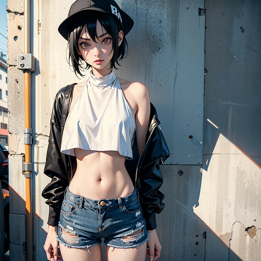 girl similar to gorillaz noodle, black short hair ((drawing)), ((anime girl nose)) ,A very thin girl, with extremely pale skin, wearing a white Bucket Hat. She is dressed in a collarless white crop top, exposing the strap of her black bikini, black tight shorts, and brown boots. She stands next to a vintage green Vespa motorcycle, holding an empty bottle. The setting is an urban alley, decorated with vibrant street art and graffiti on the brick walls. The alley is dimly lit, casting dramatic shadows and enhancing the dystopian atmosphere.