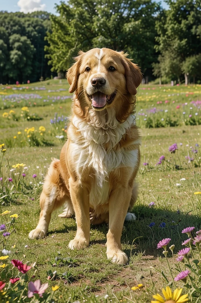 A cute and fluffy dog playing in a field of flowers, 1 dog, golden retriever, adorable, happy, playful, chasing butterflies, lush green meadow, vibrant wildflowers, sunlit, photorealistic, 8k, high quality, intricate details, warm color palette