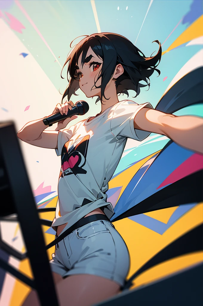 anime style,artistic, masterpiece,best quality,ssuper detailed,super fine illustration, highly detailed, dynamic angle, beautiful detailed, 8k,detailed background, On a summer afternoon, in a recording music studio, BREAK a female musician is singing in front of the viewer. She is wearing a white T-shirt with a graffiti art-style cat illustration.Break very short hair,flat chest,black hair,red-eyes,(full-face brasched:1.3),perfect hands,perfect fingers,Tsurime,(thick eyebrows:1.3),Break holding microphone,headphones,(Cat T Shirts LoRA:1.2),pov,from front,smile,perfect legs,cool,