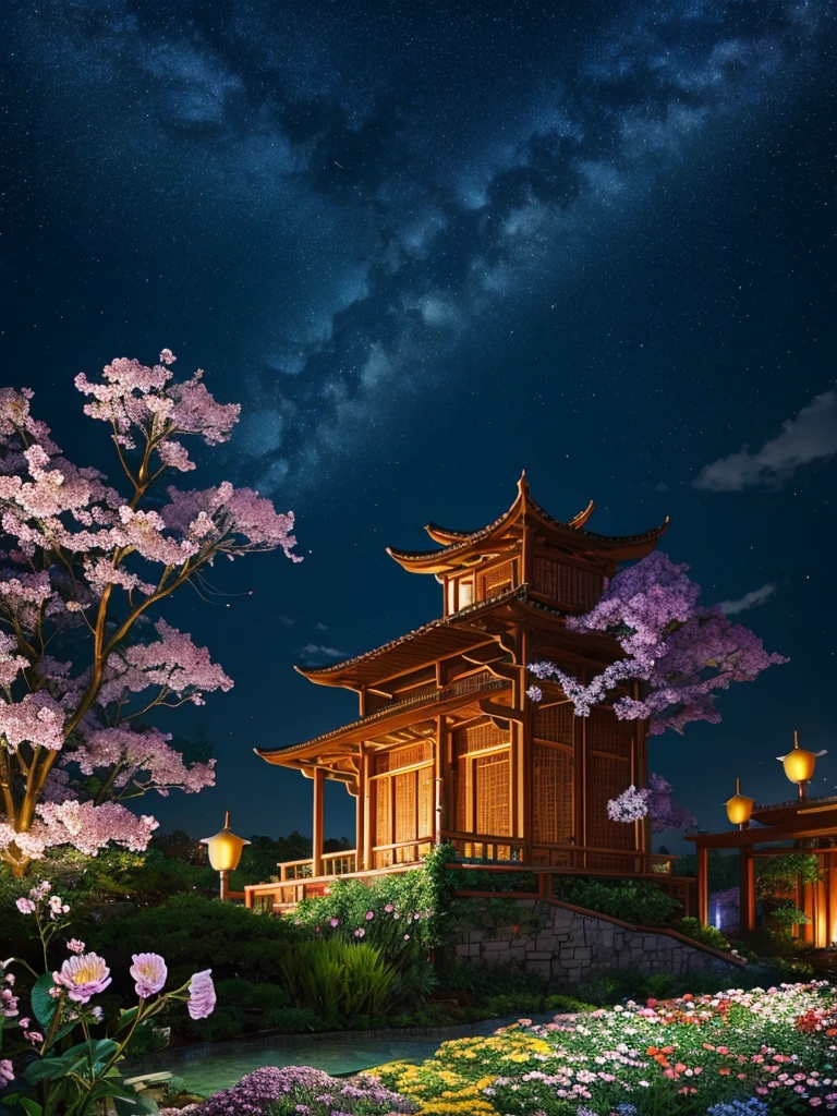maximum quality, Cao Cao_resolution, distinct_imageio, detailed back ground, Kizi, flowers, Garden, Starry sky,