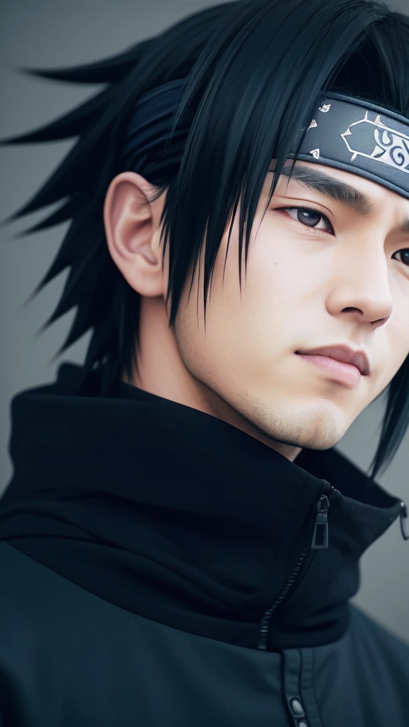 sasuke uchiha, 1boy, male_focus, solo, forehead_protector, black_eyes, black_hair, closed_mouth, upper_body, konohagakure_symbol, blurry, bangs, headband, spiked_hair, cinematic, dramatic lighting photography, national geographic, photo, photography, Stoic, cinematic, 4k, epic, detailed photograph, shot on kodak detailed, cinematic, dark moody, volumetric fog