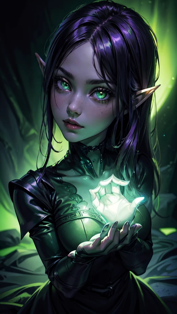 ((Close-up portrait of a girl with green eyes)), with glowing purple eye light, Violet luminous rays, dark fantasy portrait, Portrait in profile, (Cheeky face). Dark Fantasy, realistic 4k digital art, realistic 4k digital art, dark fantasy portrait, Dark Fantasy Digital Art, (Dark), But detailed digital art, sexy girl with green eyes, ((Gloomy color scheme:1,5)), 4k detailed digital art, Green glowing eyes, (NSFW), (A very dark room, little light, Low visibility)). (Strong shadow:1,6). twilight.detailed eyes, detailed hands,elf woman, detailed HANDS