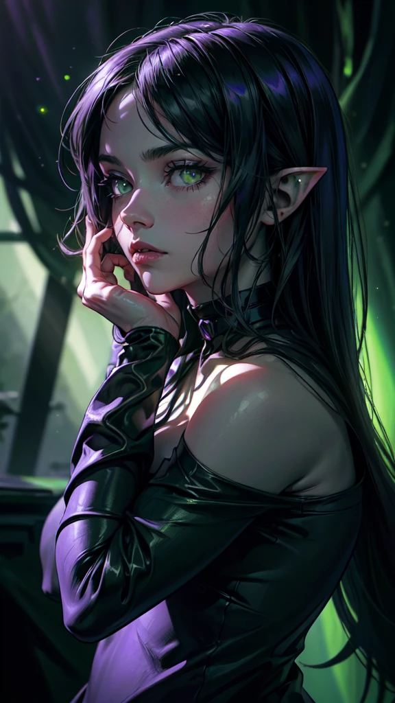 ((Close-up portrait of a girl with green eyes)), with glowing purple eye light, Violet luminous rays, dark fantasy portrait, Portrait in profile, (Cheeky face). Dark Fantasy, realistic 4k digital art, realistic 4k digital art, dark fantasy portrait, Dark Fantasy Digital Art, (Dark), But detailed digital art, sexy girl with green eyes, ((Gloomy color scheme:1,5)), 4k detailed digital art, Green glowing eyes, (NSFW), (A very dark room, little light, Low visibility)). (Strong shadow:1,6). twilight.detailed eyes, detailed hands,elf woman, detailed HANDS
