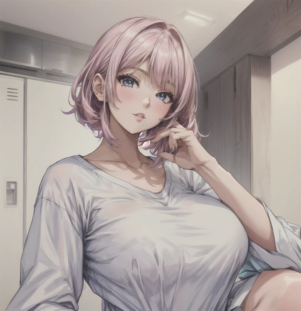 anime girl, pretty girl 25 yo, mature woman, seductive anime girl, fine details, comfy shirt, look at camera