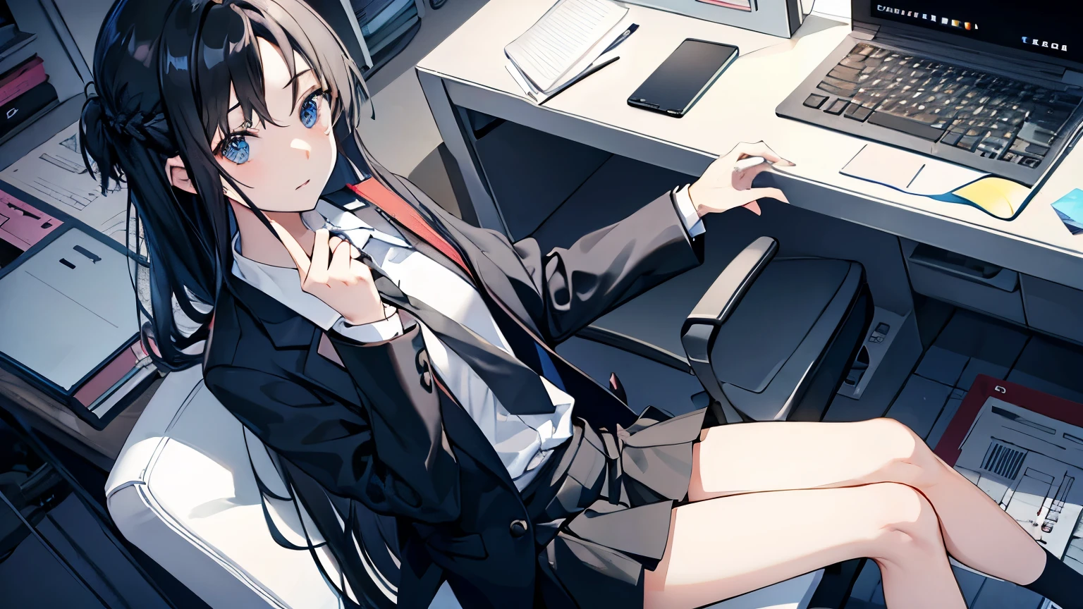 Shoulder-length hair　Black Hair　cover your mouth with your hand　surprised face　mini skirt　Inside the room　I see a laptop　Wearing a tie　Formal wear