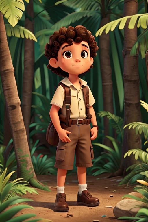 9 year old boy with short brown curly hair wearing an explorer outfit in the jungle