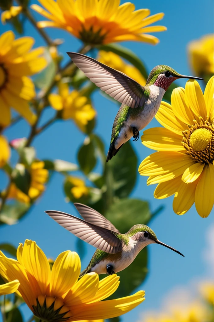 Create a hummingbird flying in a golden flower and a note of sunshine in the background
