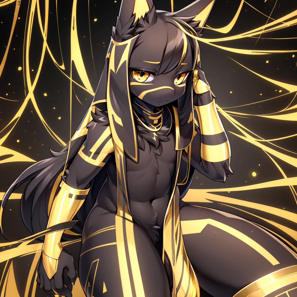 Anubis, shiny black and gold fur, long black and golden hair, stripped skin, blemished skin, Very good figure, bright tone, warm color, colorfully, work of art, super detaill, high qualiy, best qualityer, high resolution, tribal, beautiful and bright eyes, alone