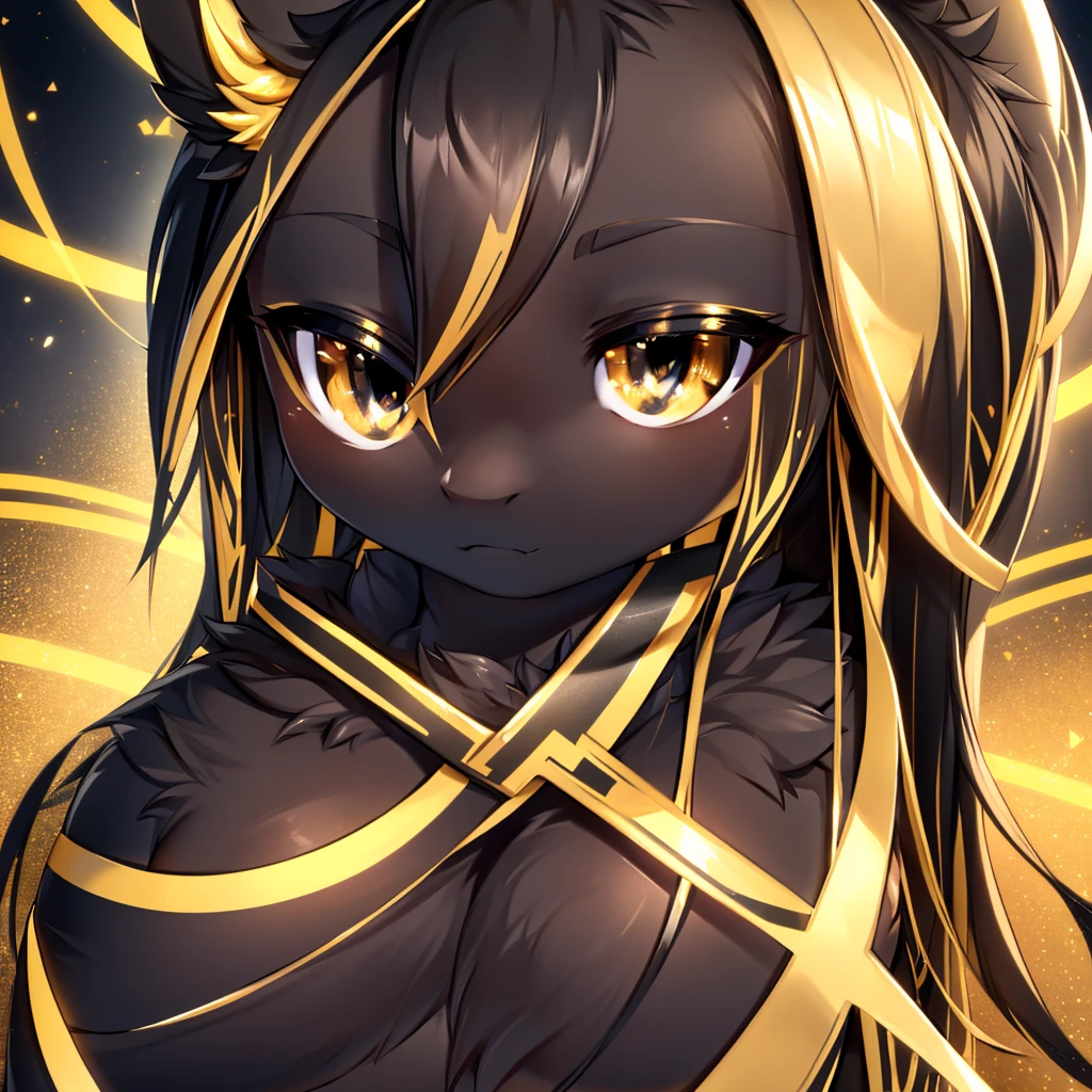 Anubis, shiny black and gold fur, long black and golden hair, stripped skin, blemished skin, Very good figure, bright tone, warm color, colorfully, work of art, super detaill, high qualiy, best qualityer, high resolution, tribal, beautiful and bright eyes, alone