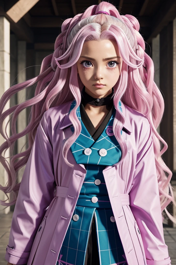 Captura de pantalla de Kimetsu No Yaiba.
Make a girl with long, wavy white hair and pastel pink tips, a blue trench coat and underneath it he will wear the uniform of the kimetsu no Yaiba hunters. Make it with the kimetsu no Yaiba design