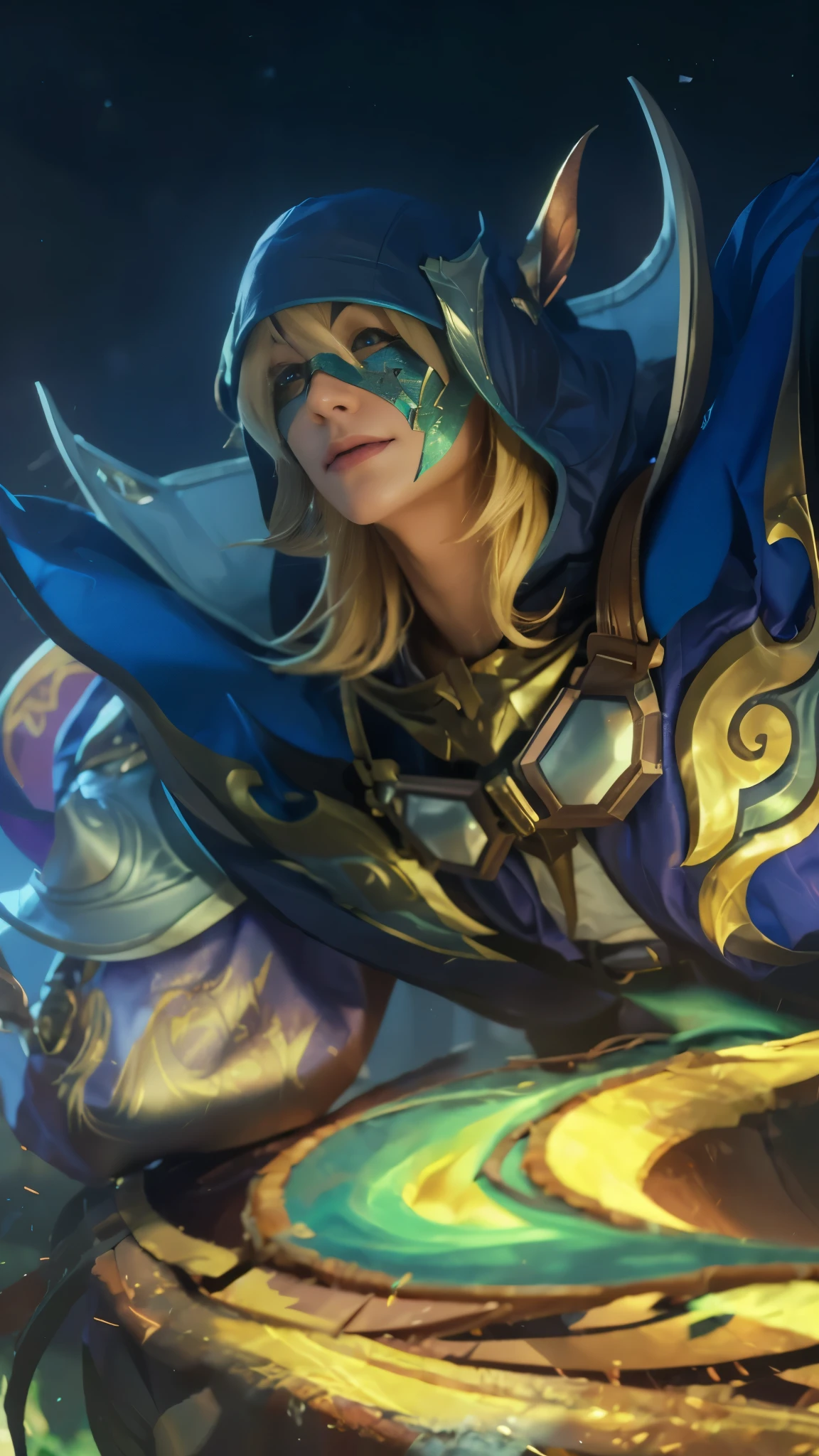  The image is a 3D rendering of a fantasy character with a cloak, armor, and mask.