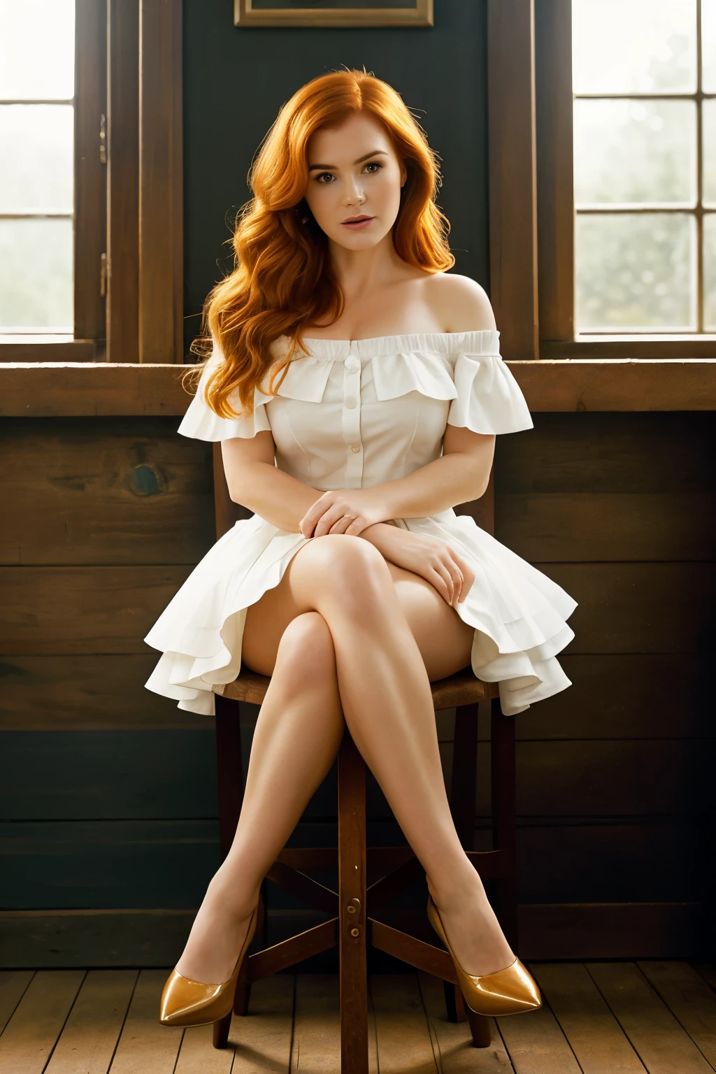 ((best quality)), ((masterpiece)), (detailed), 1girl, off-shoulder shirt, (Isla Fisher), short skirt, ginger hair, hair parted in the middle, long curled hair blowing in the wind, sitting on high stool, legs crossed, high heel shoes, dramatic lighting