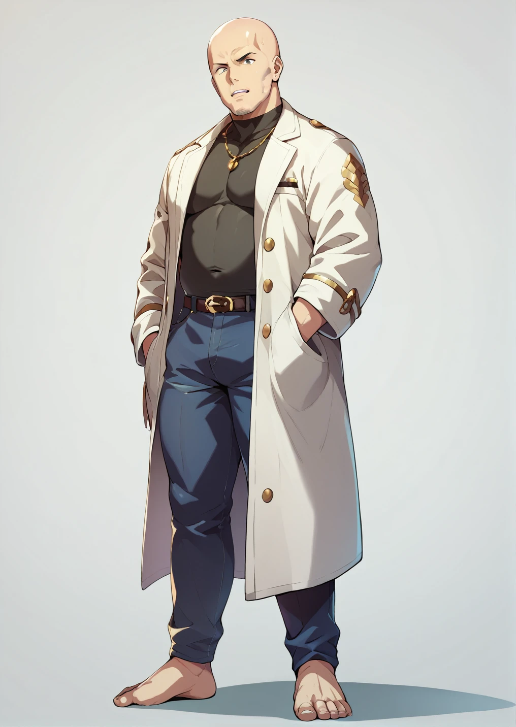 side angle、Man in white coat、Ultra-detailed illustrations、Ultra-precise expression、masterpiece、Highest quality、ultra High resolution、High resolution、Hiromitsu Takeda Style、White background、Simple Background、Bald man、whole body、barefoot、