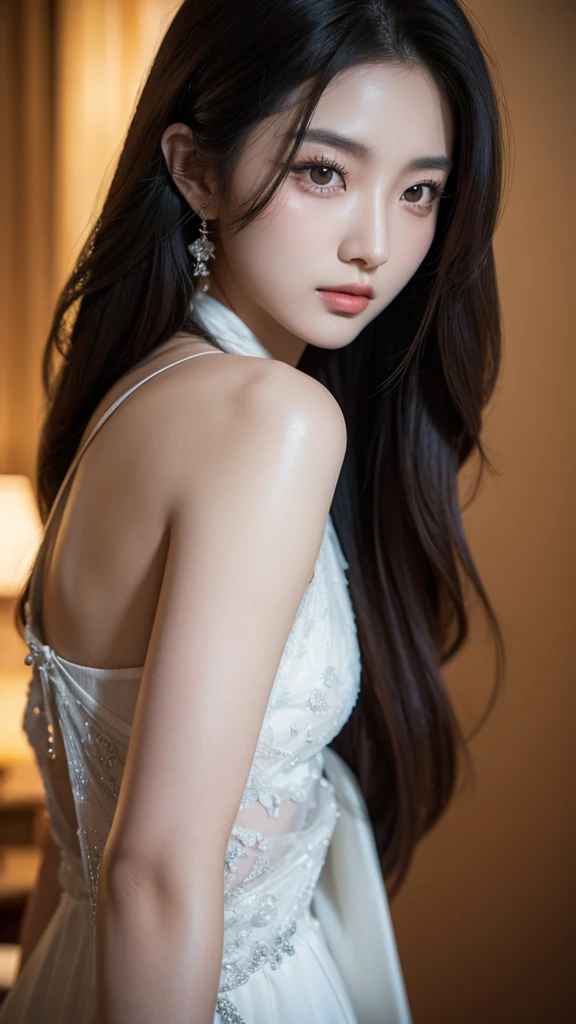 a beautiful korean woman,beautiful detailed eyes,beautiful detailed lips,extremely detailed eyes and face,longeyelashes,elegant korean fashion,award winning,best quality,highres,8k,16k,retina,masterpiece,accurate,anatomically correct,super detail,high details,high quality,photorealistic,cinematic lighting,warm color palette,detailed skin texture,flowing hair,dramatic pose,mysterious expression